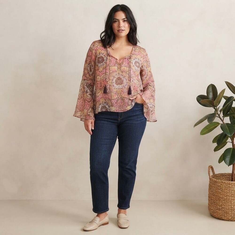 love FIRE Women's Paisley Print Chiffon Long Sleeve Peasant Top
